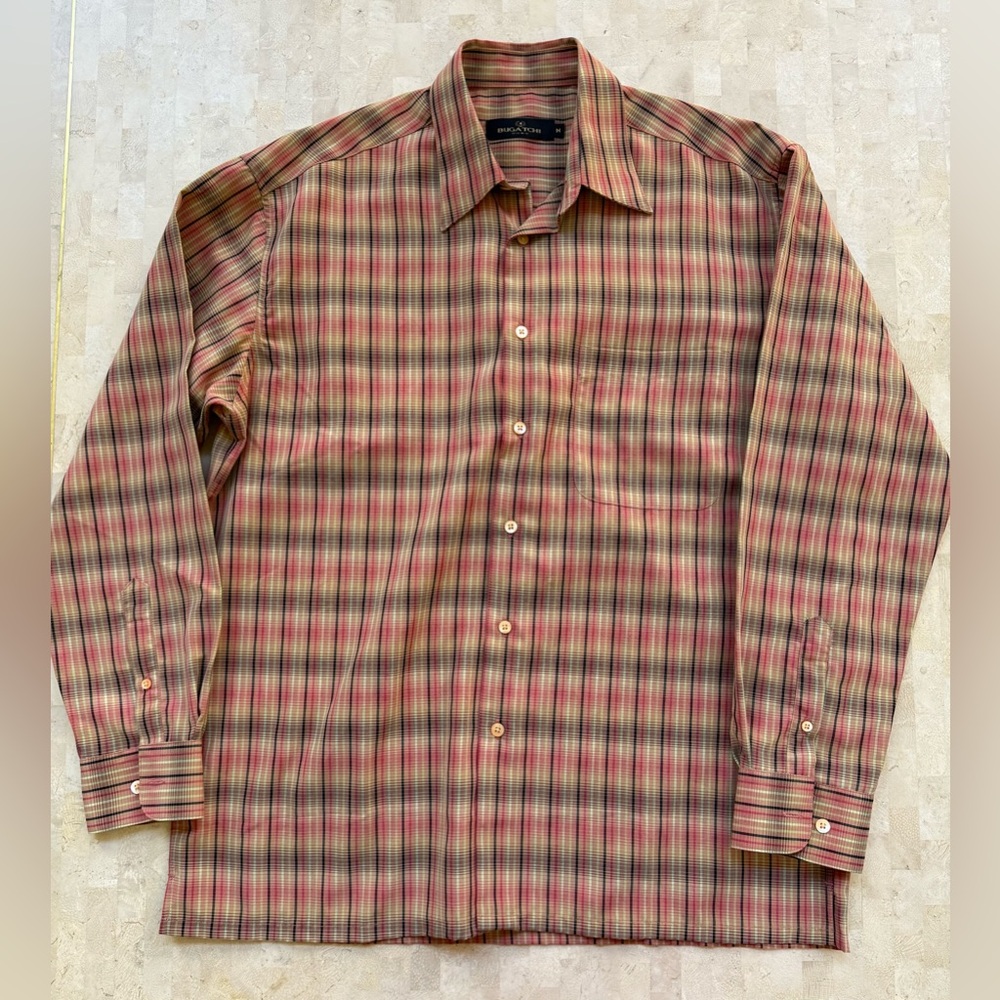 Bugatchi Uomo Shirt Men M Bright Colorful Orange‎ Plaid Casual Designer Workwear
